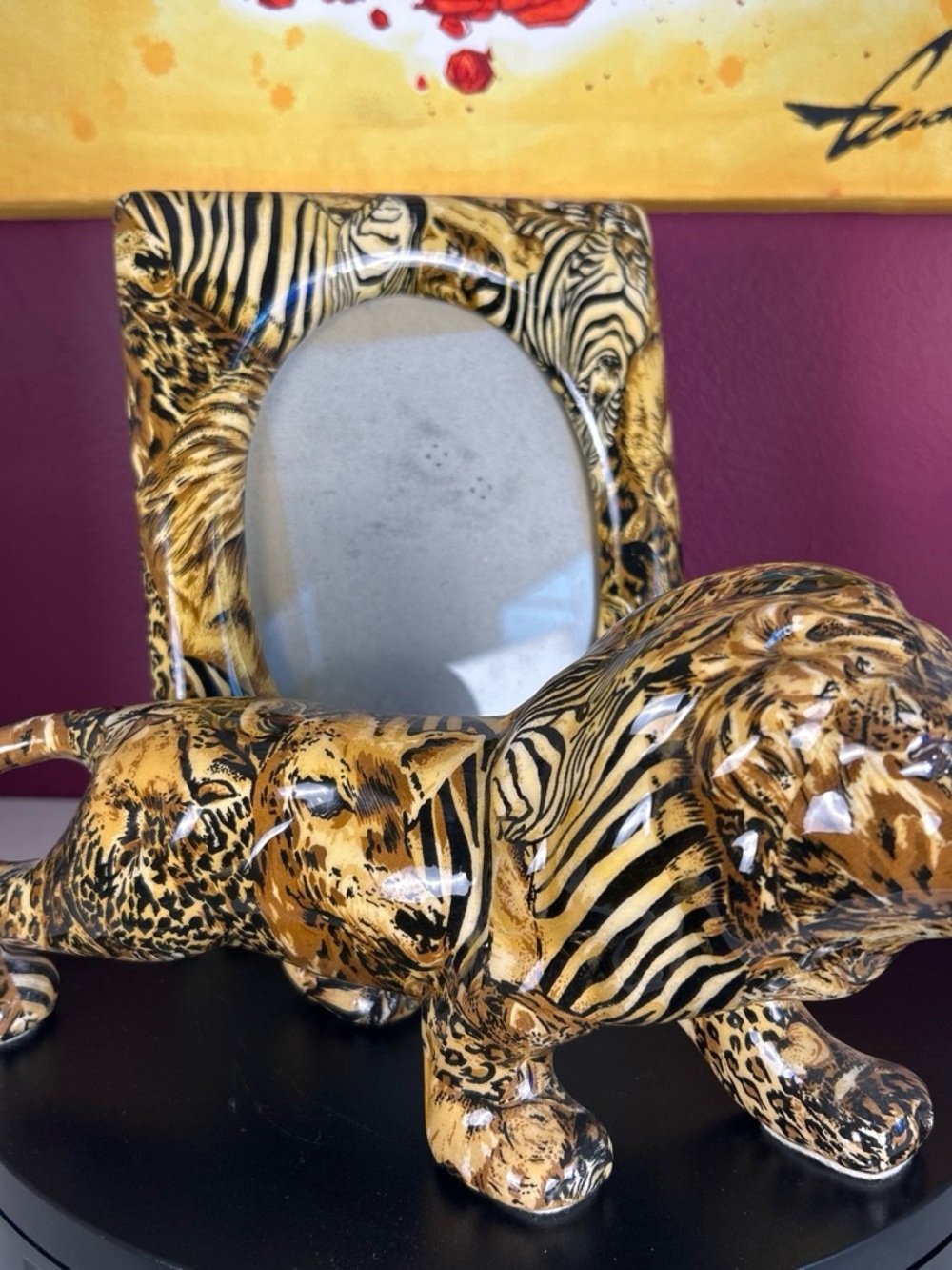 1990s Vintage La Vie Ceramic Lion Figurine and Picture Frame